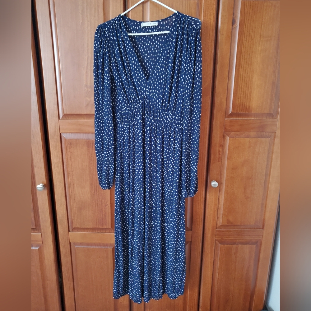 Mango Navy and White Polka Dot Long Sleeve Midi Dress